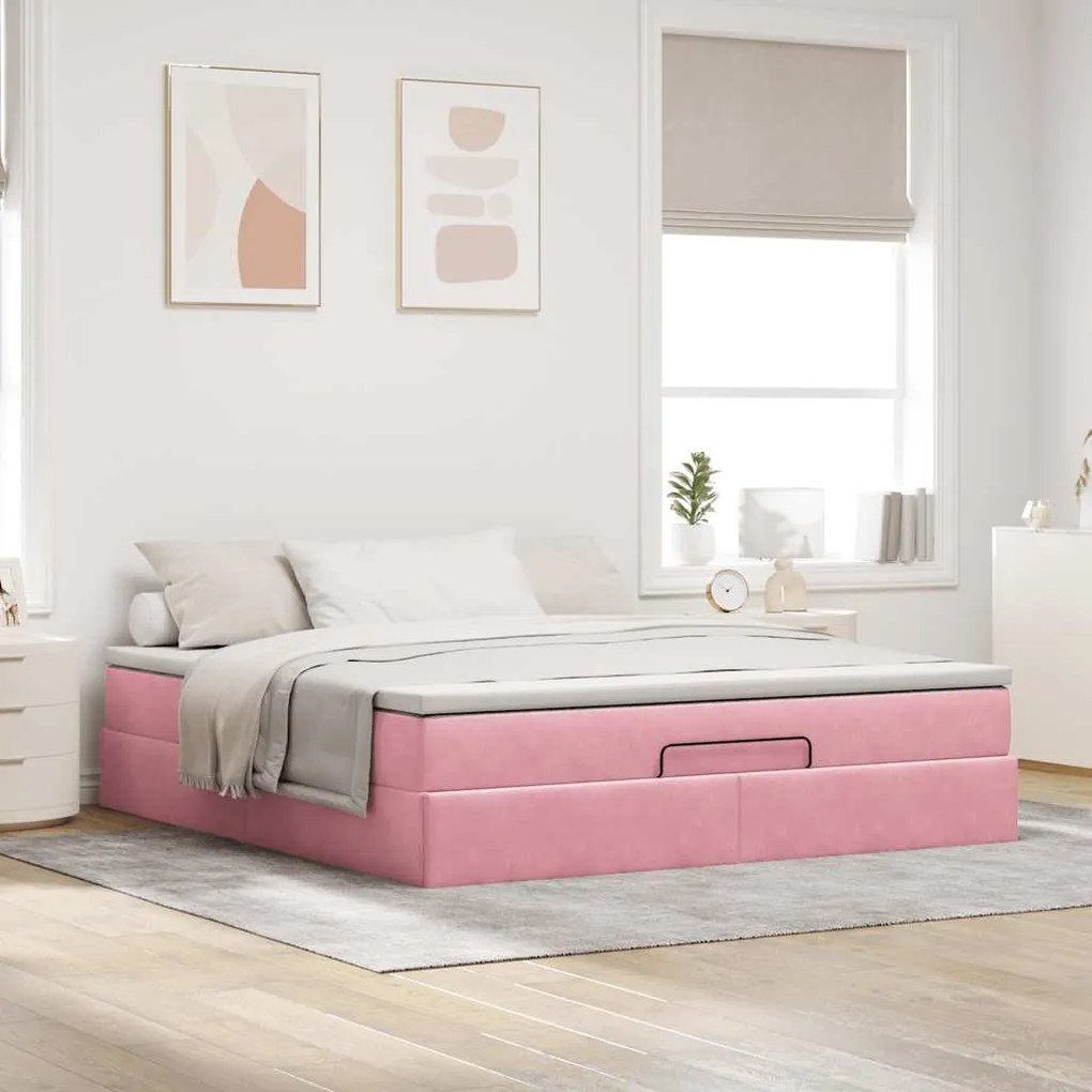 Estrutura de cama otomana com colchão 160x200 cm veludo rosa