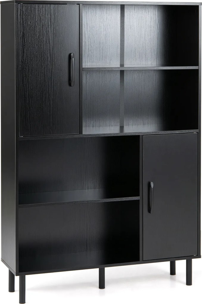 Armário, estante de arrumação 80 x 24 x 119,5 cm, compartimentos abertos, portas e pés em metal para casa, escritório e sala de estar - Preto