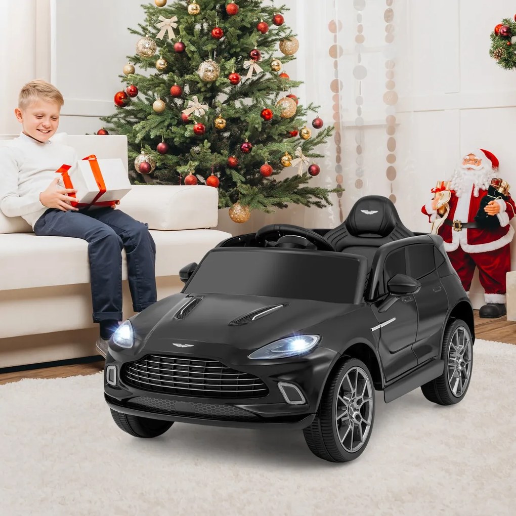 Carro elétrico infantil de 12 V Aston Martin DBX com portas duplas com fecho, controlo remoto, arranque gradual, luzes LED, porta USB e buzina – Preto