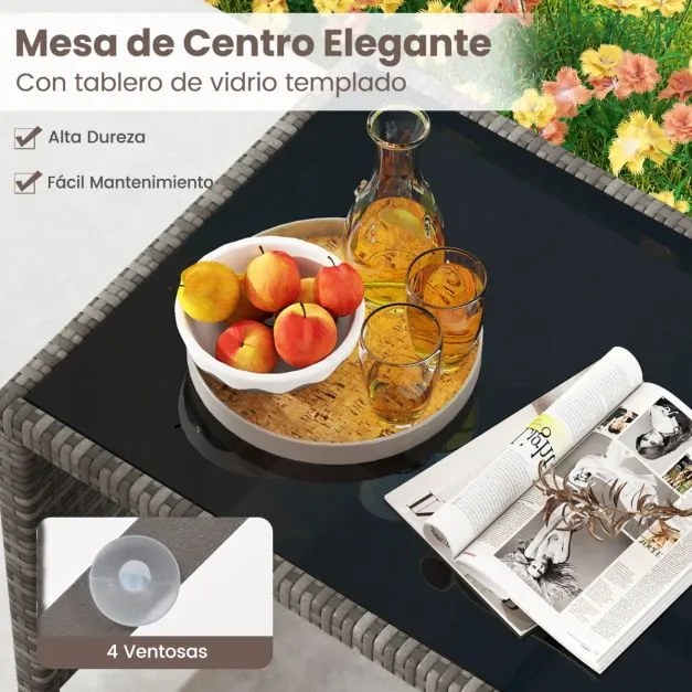 Conjunto de Jardim, 4 peças em rattan com almofadas e tampo em vidro temperado, para jardim, alpendre ou varanda, cinzento