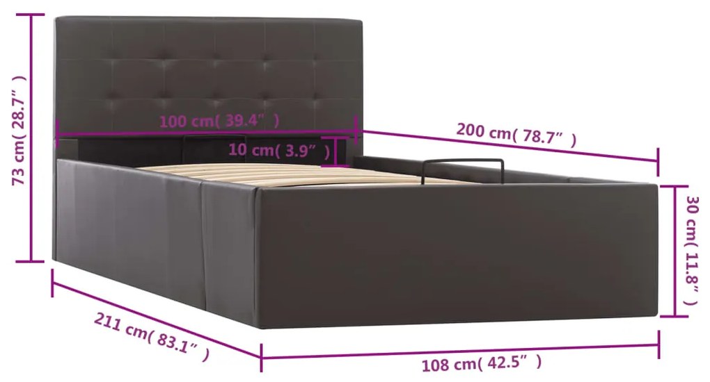 Cama hidráulica c/ arrumação 100x200cm couro artificial cinza