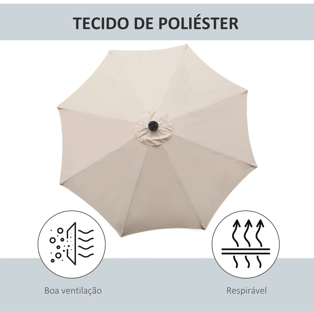 Outsunny Chapéu de Sol de Jardim Ø270x240cm com 24 Luzes LED Solar Mecanismo de Inclinação Manivela e Mastro Desmontável de Metal para Terraço Piscina Pátio Creme