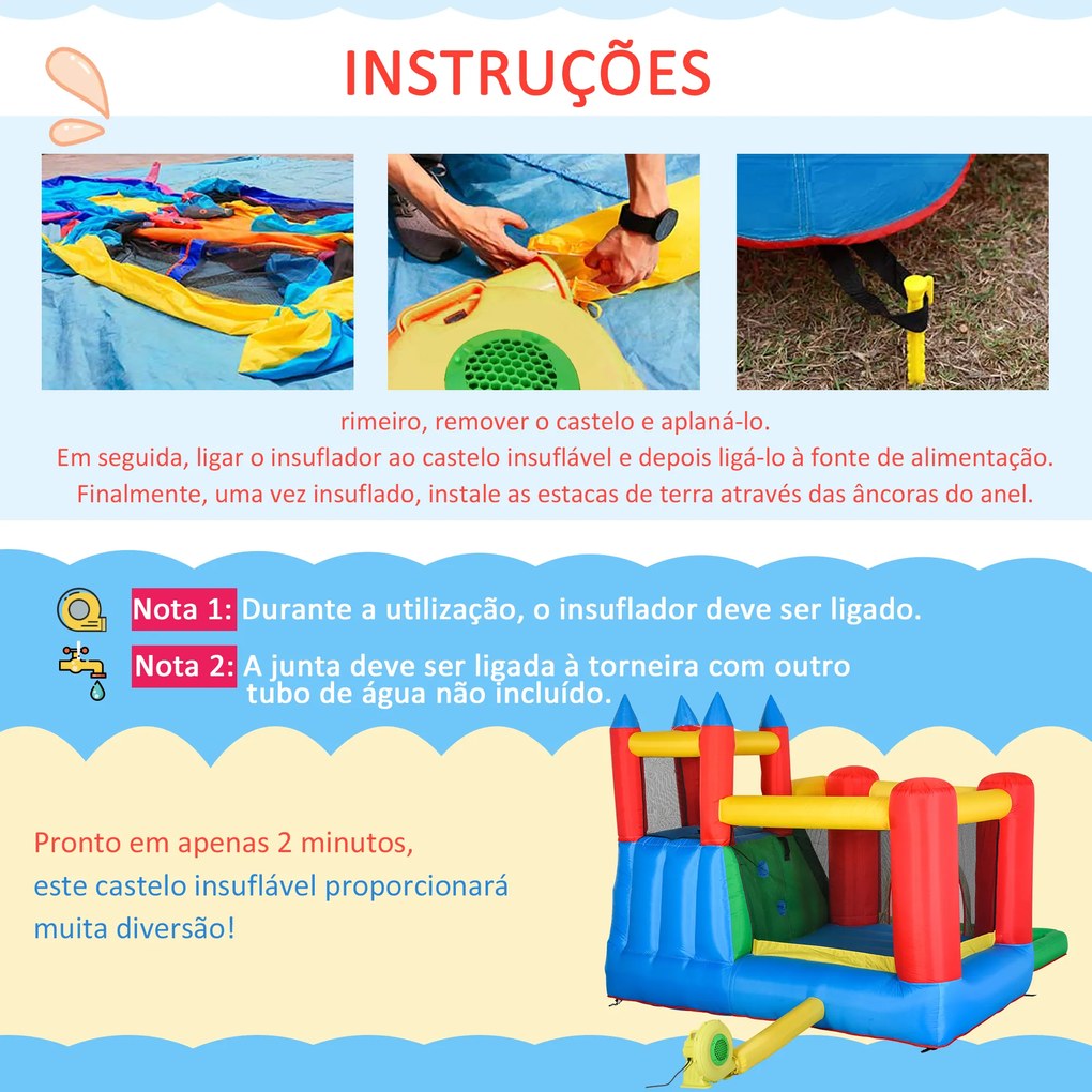 Outsunny Castelo Insuflável com Escorrega Trampolim Piscina e Pistola de Água para Crianças acima de 3 Anos com Inflador e Bolsa de Transporte para Interior Exterior 330x245x215cm Multicor