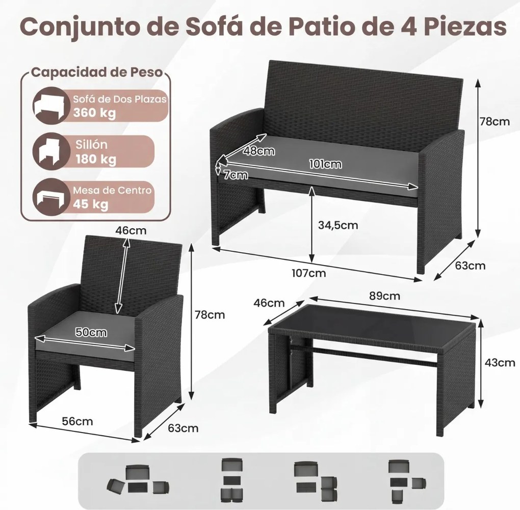 Conjunto de jardim em rattan com 4 peças: sofás de 2 lugares, mesa de vidro temperado e almofadas para exterior, varanda ou piscina, Preto+cinzento