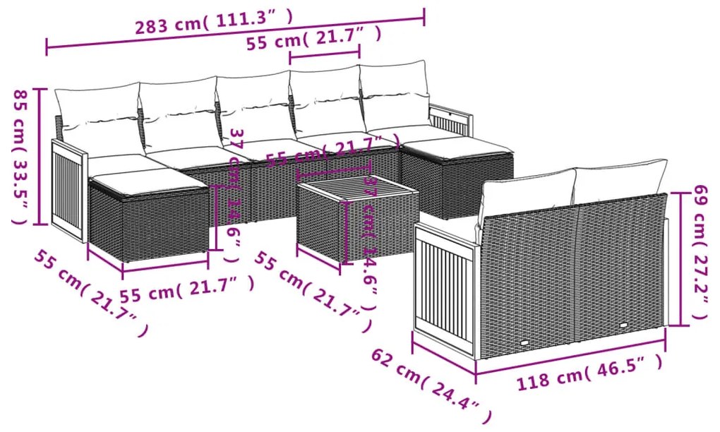 10 pcs conjunto de sofás p/ jardim com almofadões vime PE bege