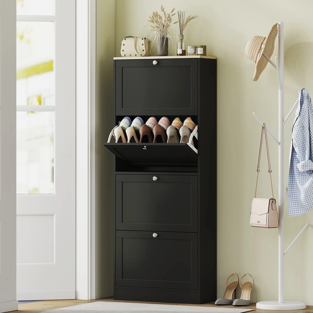Sapateira com capacidade para 24 pares 60 x 23,5 x 153 cm, com 4 gavetas rebatíveis e prateleiras ajustáveis, preto