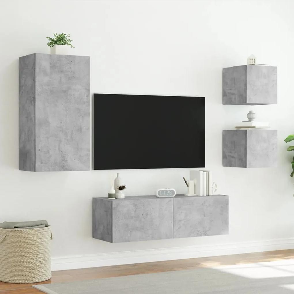 4 pcs móveis de parede para TV com luzes LED cinzento cimento