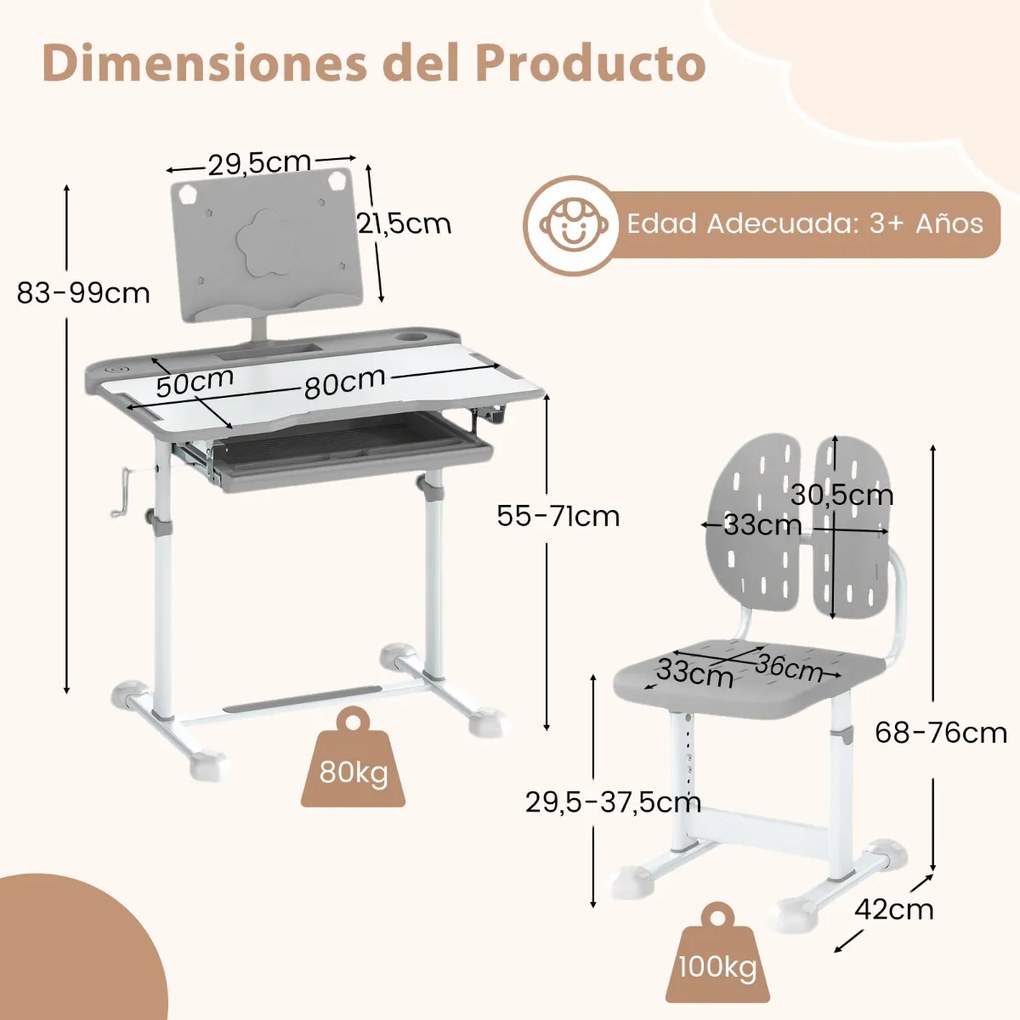 Conjunto de secretária e cadeira para crianças com altura ajustável, tampo inclinável, porta-copos, gaveta e cadeira ergonómica Cinza