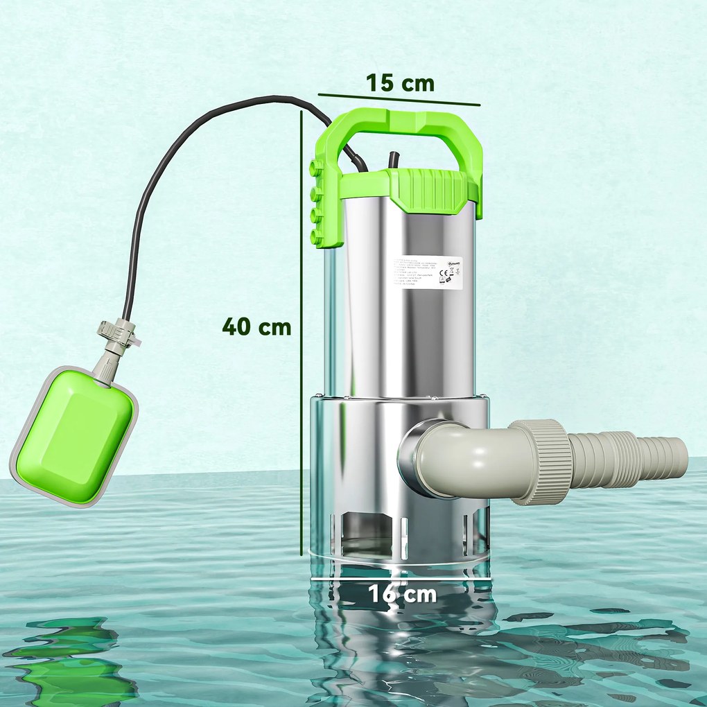 Bomba Submersível de Águas Residuais 1100W com Capacidade de 18000 l/h e Interruptor de Flutuador 16x15x40 cm Prata