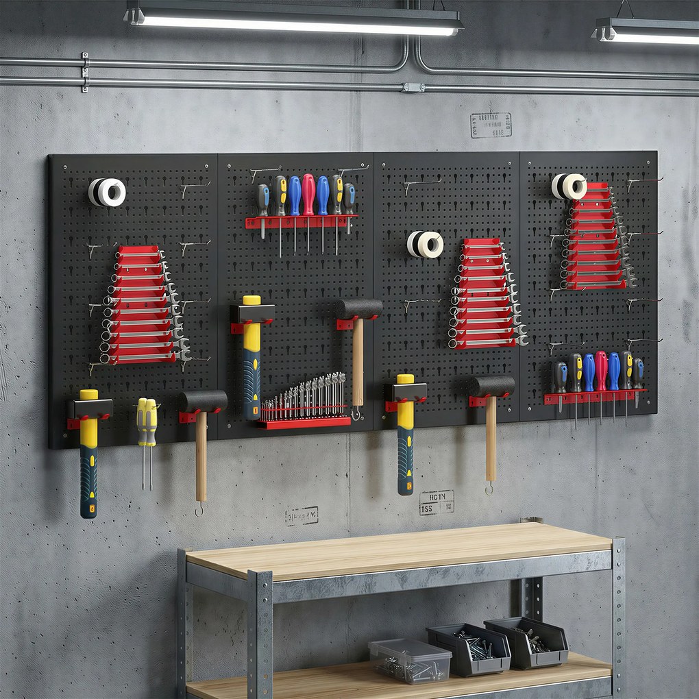 Organizador de Ferramentas de Parede com 38 Peças cada painel 60x40 cm com Ganchos e Suportes Preto e Vermelho