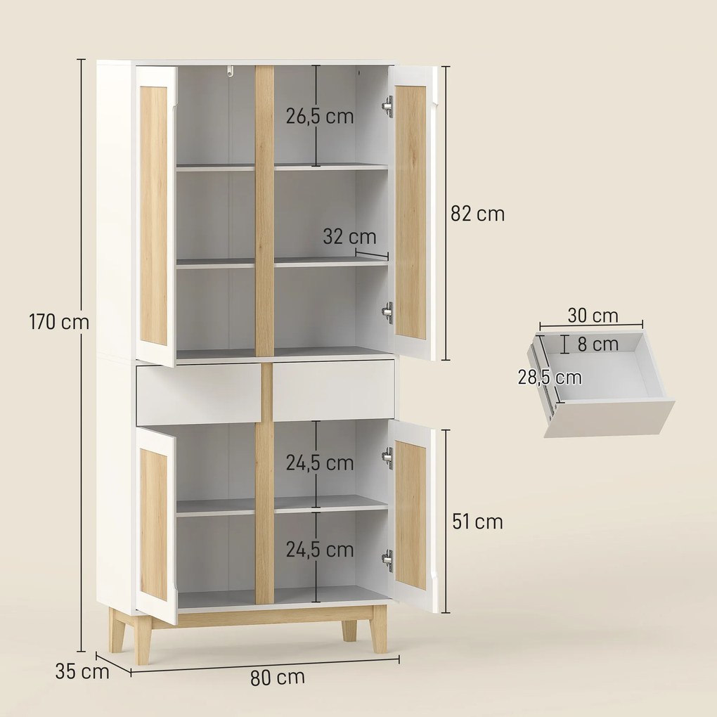 Armário alto de cozinha, armário de cozinha com 4 portas, 2 gavetas e prateleiras ajustáveis, 80 x 35 x 170 cm, branco e carvalho