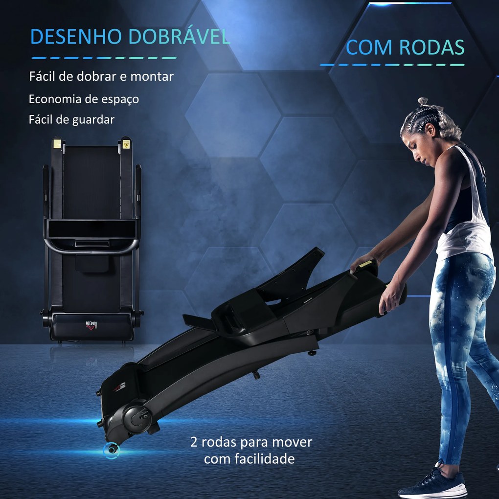 HOMCOM Passadeira de Correr e Andar Dobrável com 12 Programas Velocidade até 14km/h Tela LCD Pulsômetro Superfície 122x41cm e Rodas de Transporte 153x77x124cm Preto