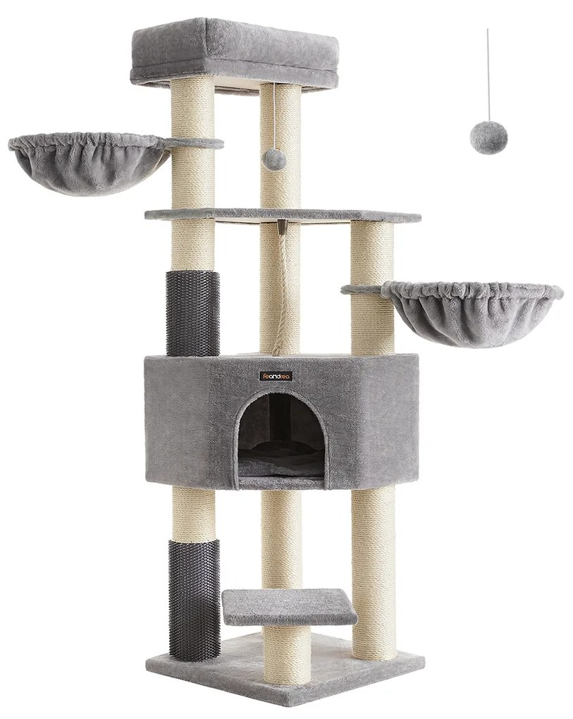 Árvore de gato Feandrea para gatos grandes, torre de gato resistente de 63 polegadas com almofadas de autoaquecimento, 2 auto-aparadores, 9 postes para arranhar, poleiro grande, caverna e cestos, cinza pomba e branco creme PCT003N01