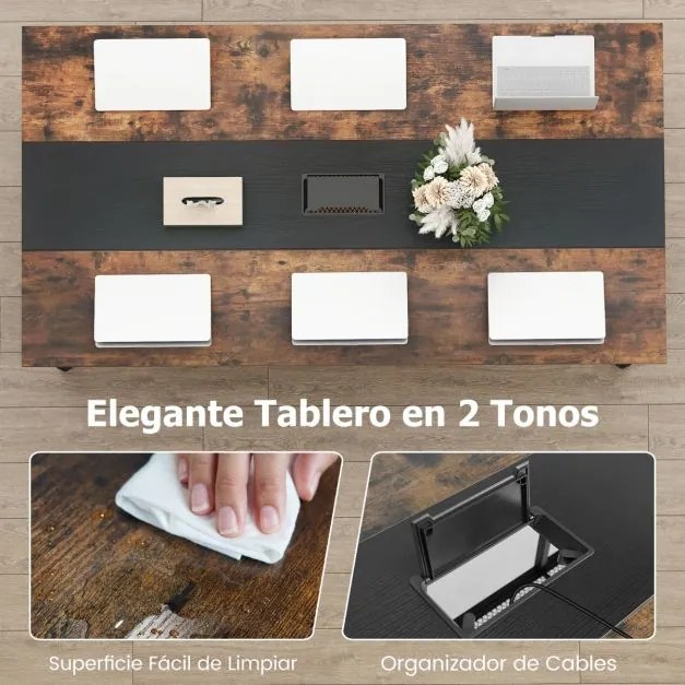 Mesa retangular para reuniões 180 x 96 x 76 cm (CADEIRAS NÃO INCLUIDAS) com prateleira de malha e passagem de cabos para 6-8 pessoas Preto + Castanho