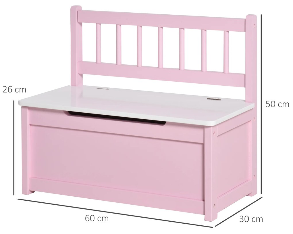 Baú de Brinquedos Banco de Armazenamento Infantil de Madeira de Pinho com Tampa de Amortecimento e Encosto Alto 60x30x50 cm Rosa