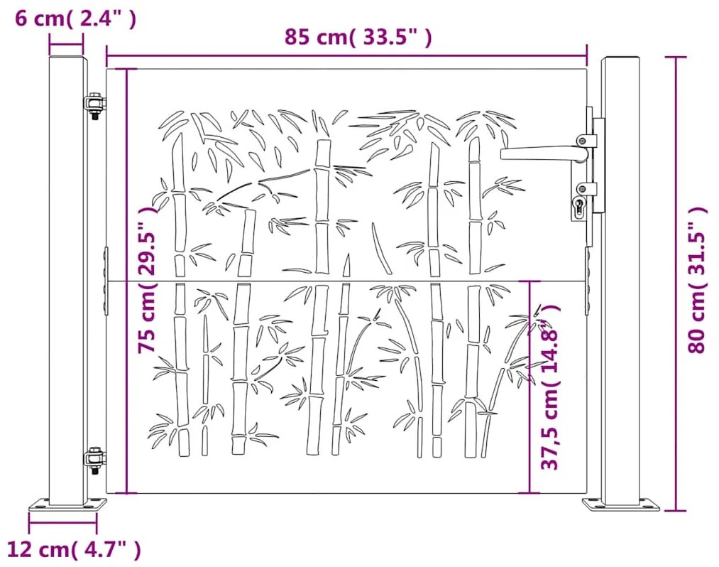 Portão de jardim 105x80 cm aço corten design bambu
