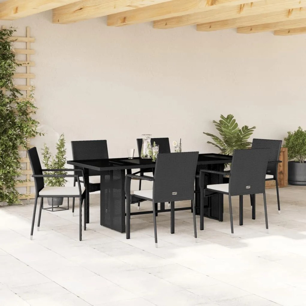 vidaXL 7 pcs conjunto de jantar p/ jardim c/ almofadões vime PE preto
