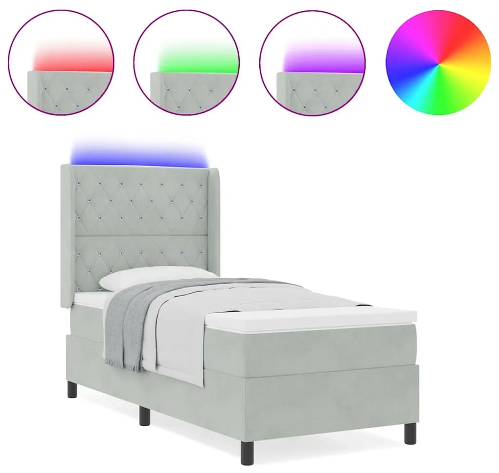 Cama Box com Colchão &amp; Luz LED Cinza Claro 100x200 cm Veludo