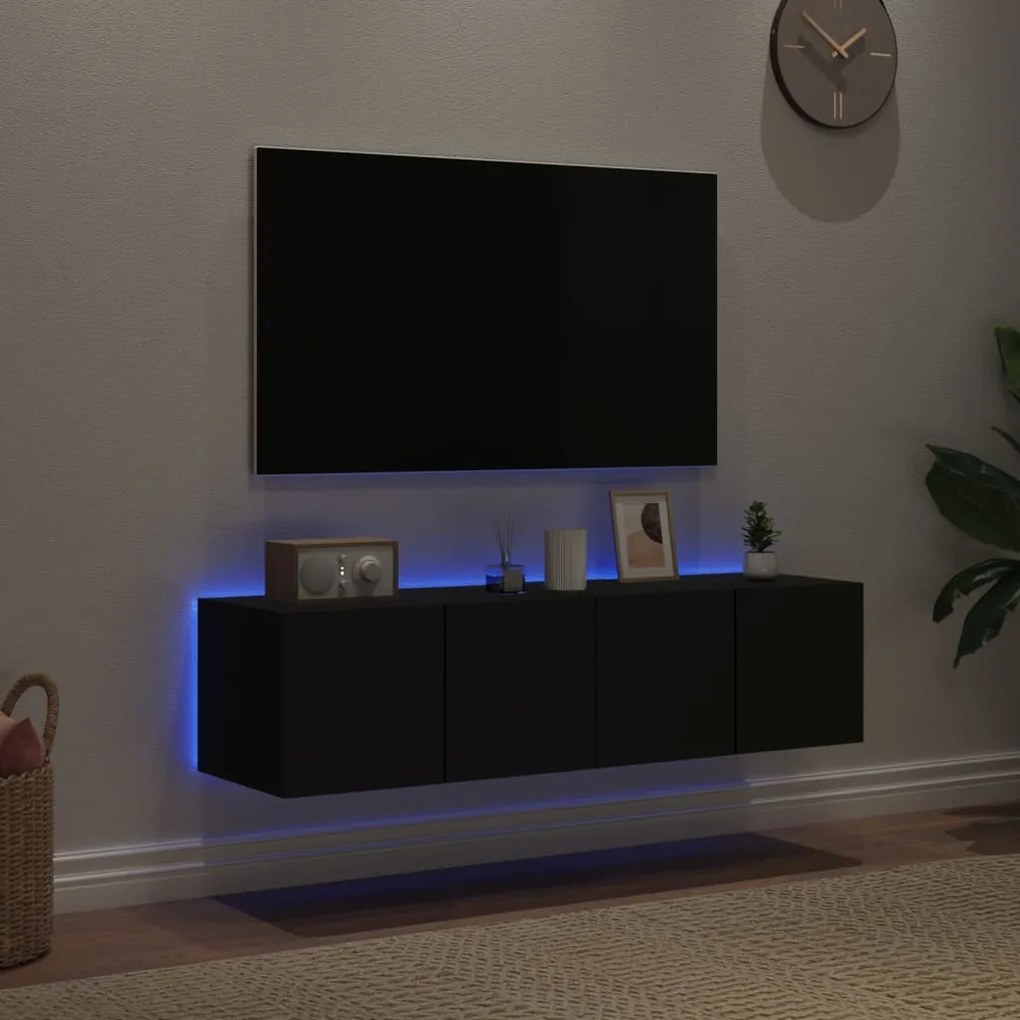 Móveis de parede p/ TV com luzes LED 2 pcs 60x35x31 cm preto