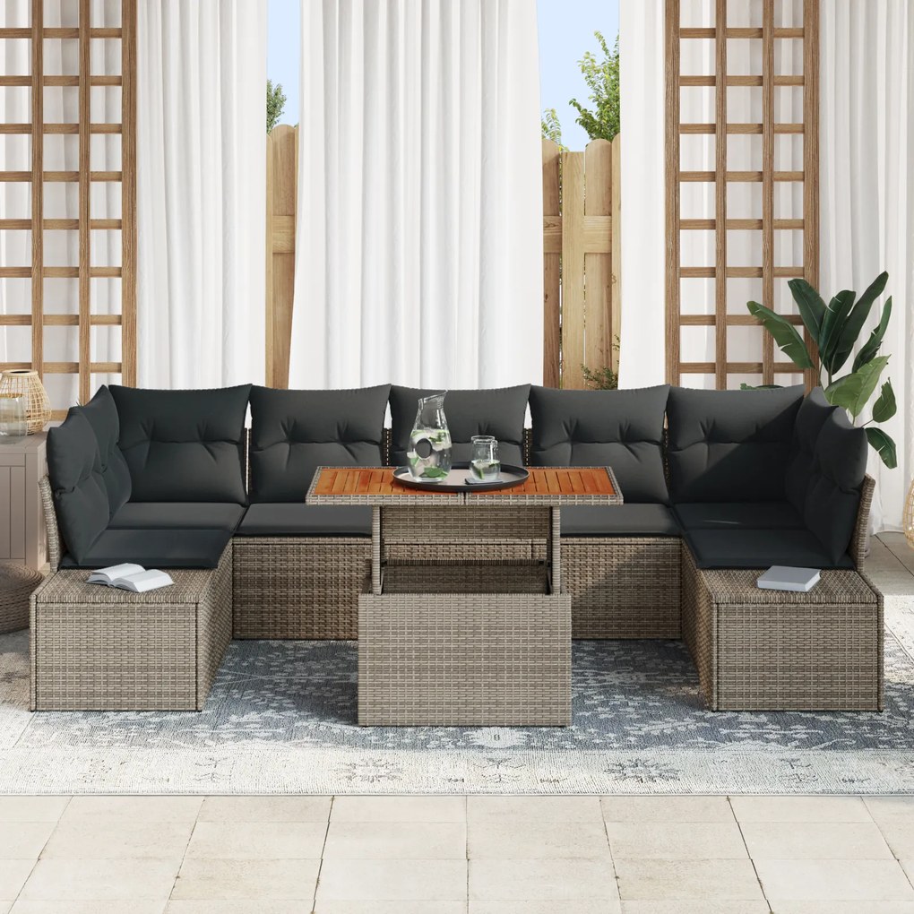 Conjunto de Sofá de Jardim 8 Peças com Almofadas Cinza Rattan PE