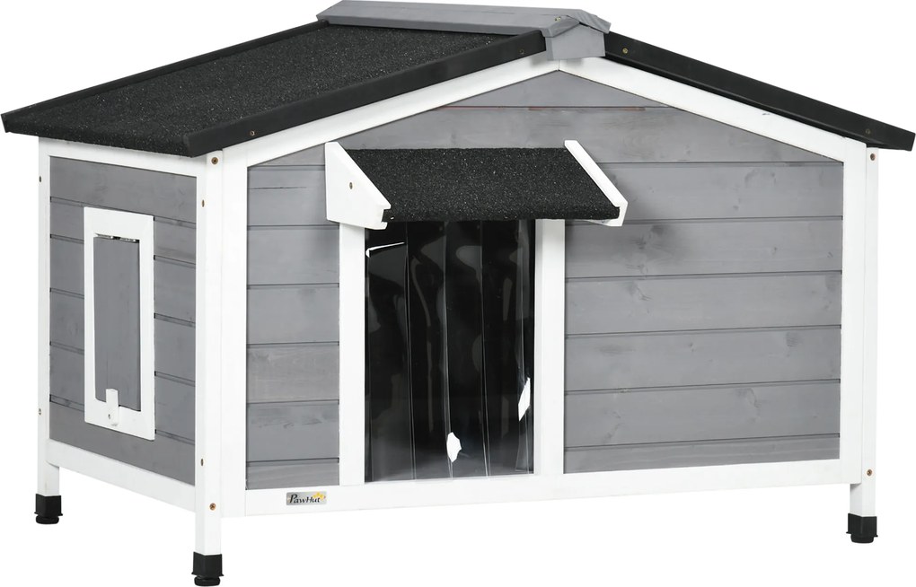 PawHut Casa para Cães de Madeira Casa para Animais de Estimação com Teto Asfáltico 2 Janelas Porta com Cortina Cinza | Aosom Portugal