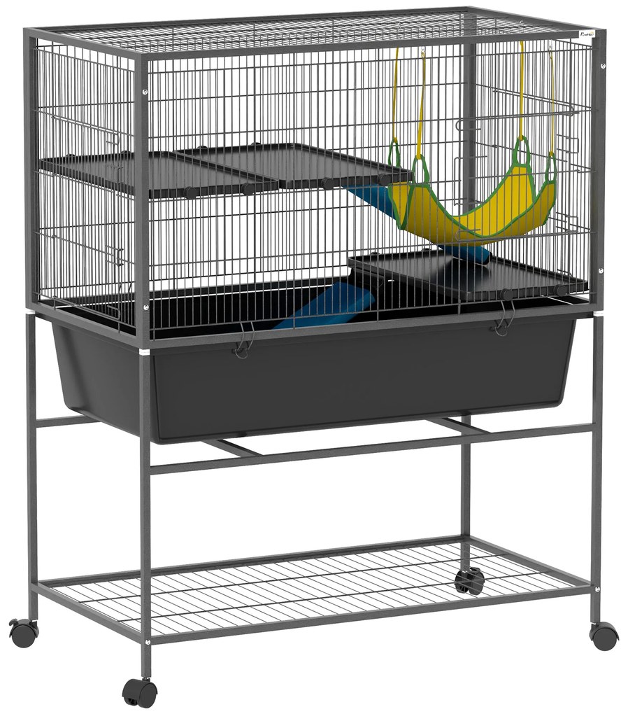 PawHut Gaiola para Animais Pequenos de 3 Níveis com Rodas Rampas e Bandeja Amovível Recinto para Roedores 88x48x102 cm Cinza Escuro | Aosom Portugal