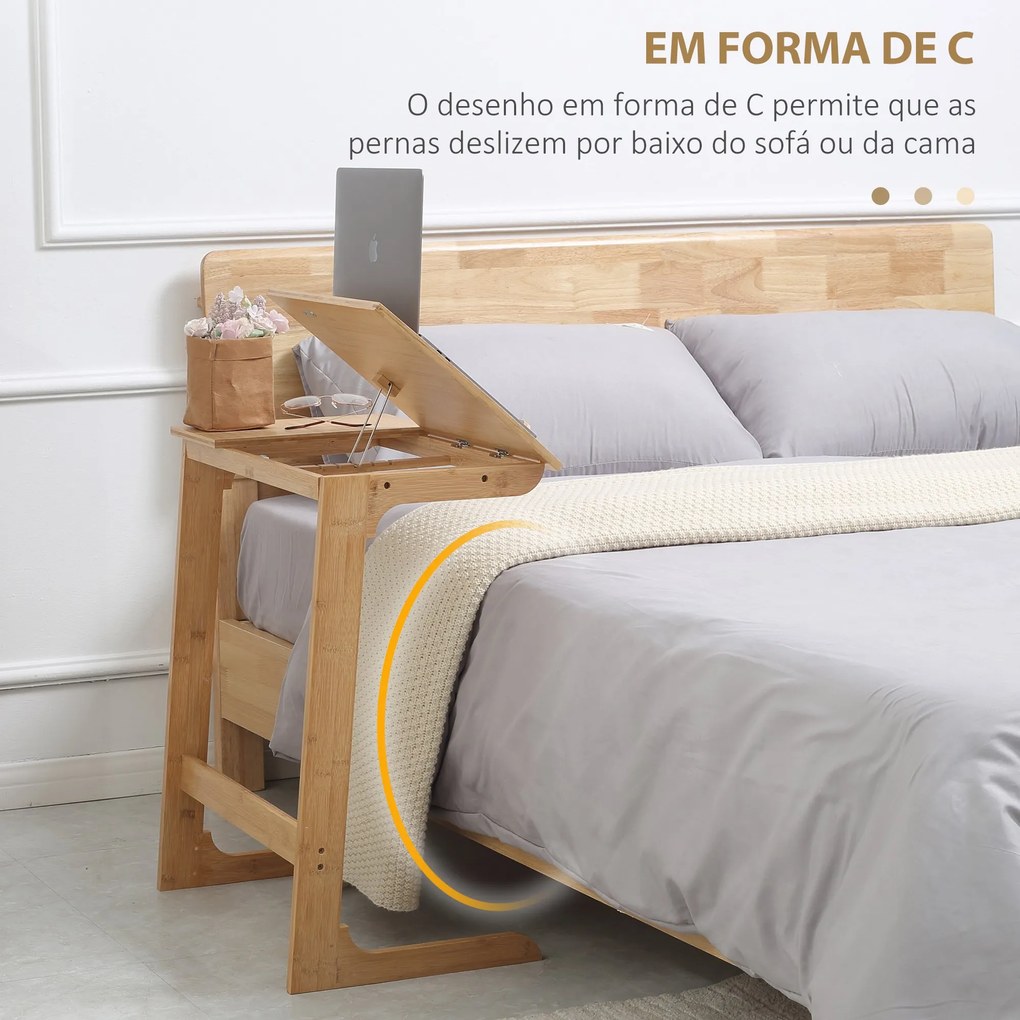 Mesa Auxiliar de Bambu Mesa em Forma de C com Bancada Abatível e Ângulo Ajustável 140-180° para Sala de Estar Dormitório 60x33x67cm Madeira