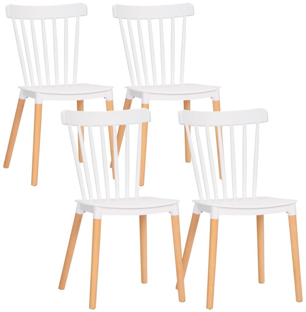 HOMCOM Conjunto de 4 Cadeiras Estilo Nórdico com Encosto Alto e Pés de Madeira de Faia 48x52,5x83cm Branco e Madeira | Aosom Portugal