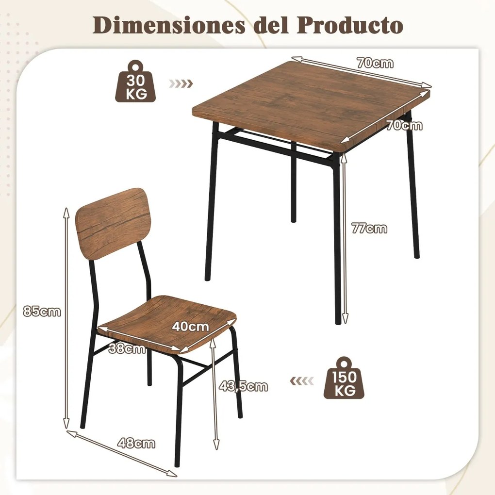 Conjunto de mesa e 2 cadeiras de jantar em madeira e metal preto e Castanho