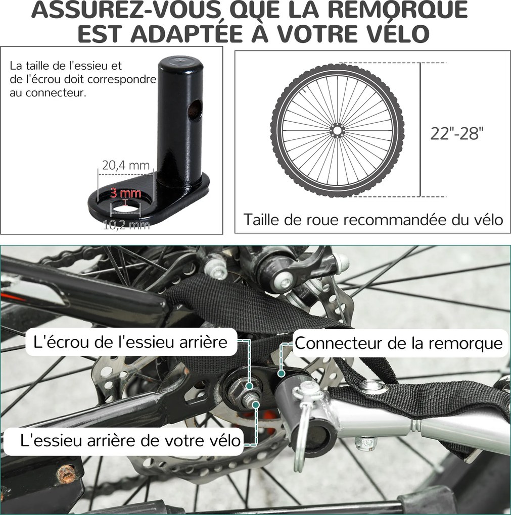 Reboque de bicicleta para cães e animais de estimação 130 x 73 x 90 cm, com 8 refletores, bandeira e barra de engate incluídas, em aço e poliéster imp