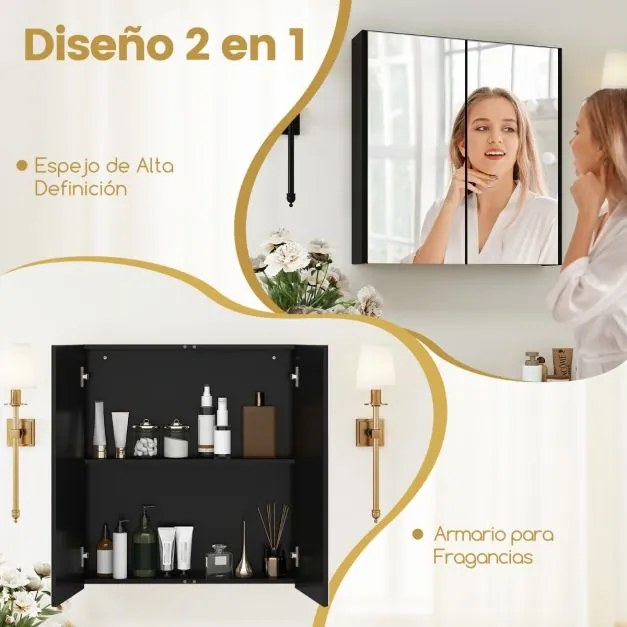 Armário de parede para casa de banho 62 x 65 cm com portas duplas espelhadas e prateleira ajustável preta