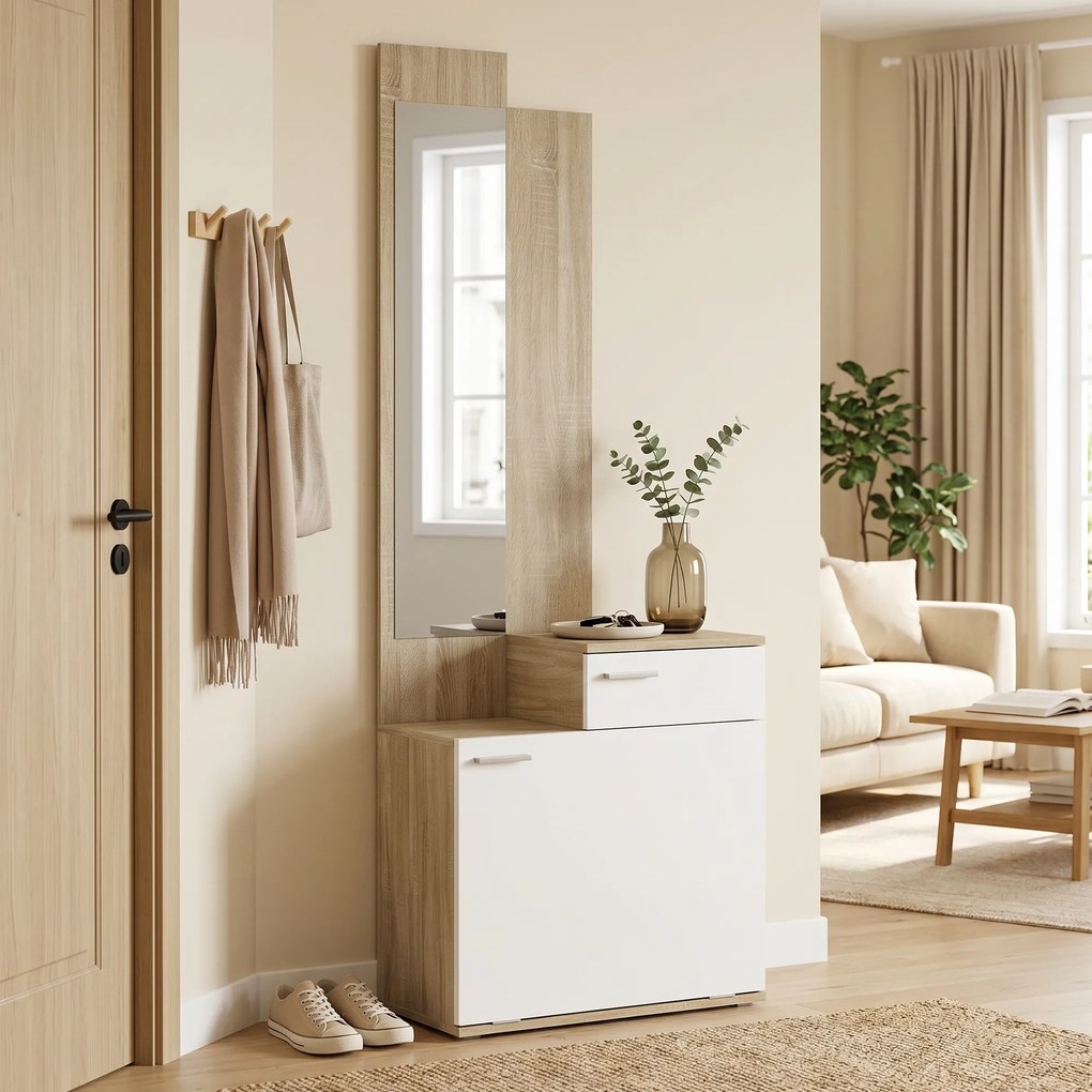 Móvel de Entrada com Espelho Sapateira Basculante Assento Gaveta e Compartimento Aberto 61x30x170 cm Branco