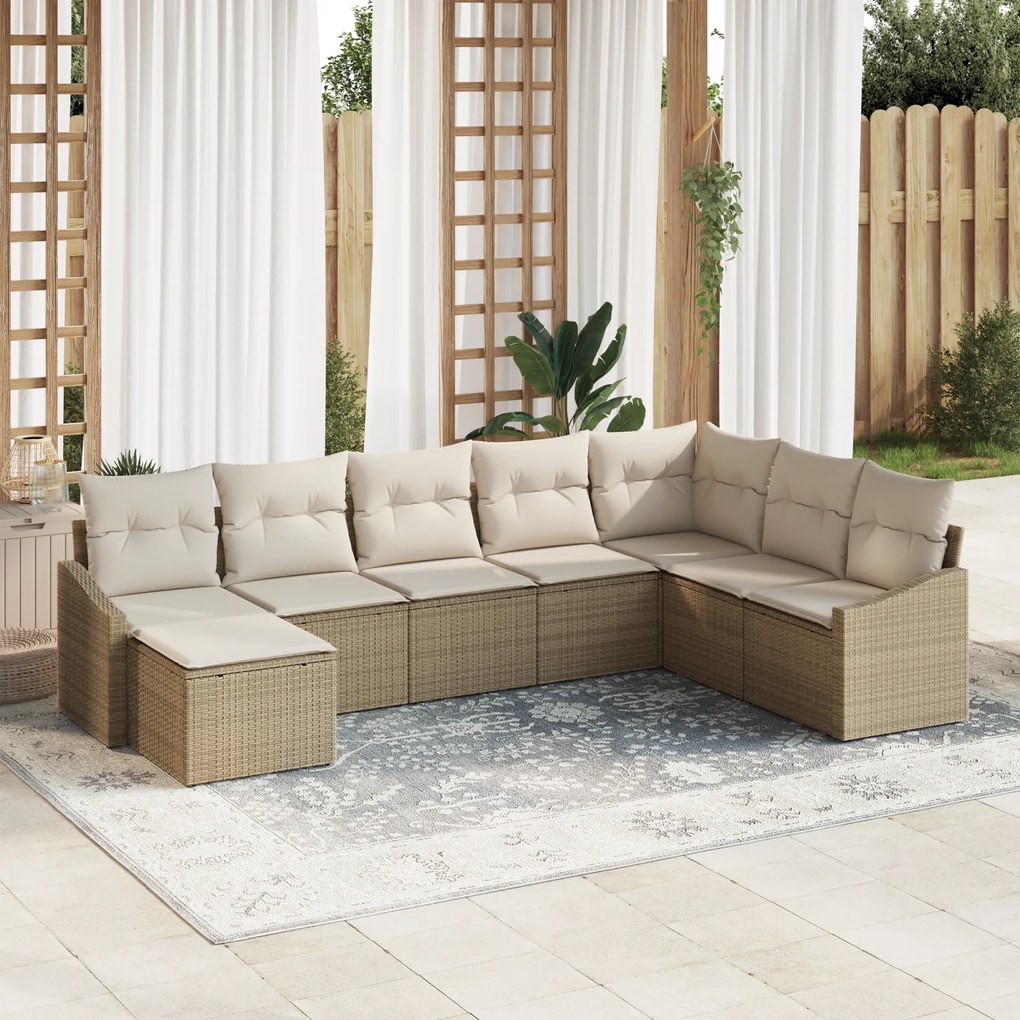 vidaXL Conjunto de Jantar de Jardim de 8 Peças com Almofadas Bege Rattan Polielástico
