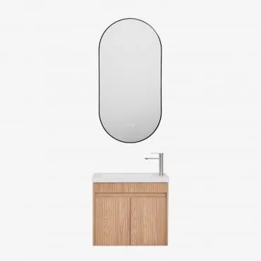 Conjunto De Móvel De Casa De Banho Suspenso Em Madeira Com Lavatório Integrado Narek Castanho Fresno & Ovale Led E Antifog Preto 50x100 Cm - Sklum