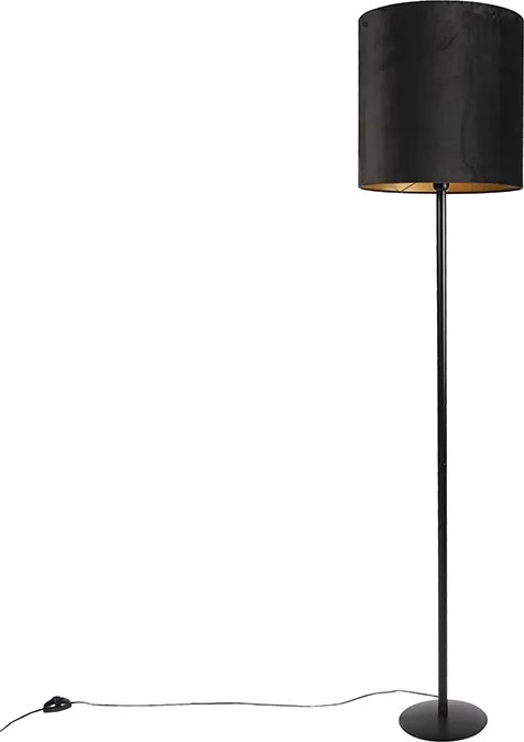 Candeeiro de pé preto com abajur de veludo preto com dourado 40 cm - Simplo
