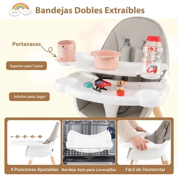 Cadeira refeição para bebés e crianças, conversível 6 em 1 tabuleiro removível cinza e branco