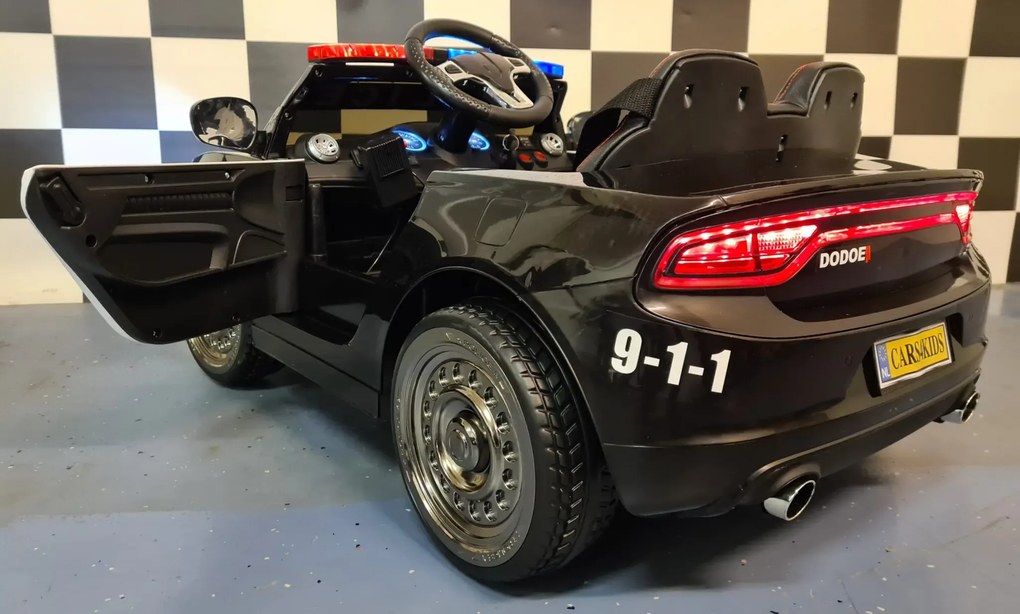 Carro elétrico infantil Dodge Policia 12V , telecomandado, pneus de EVA, assento em pele Preto