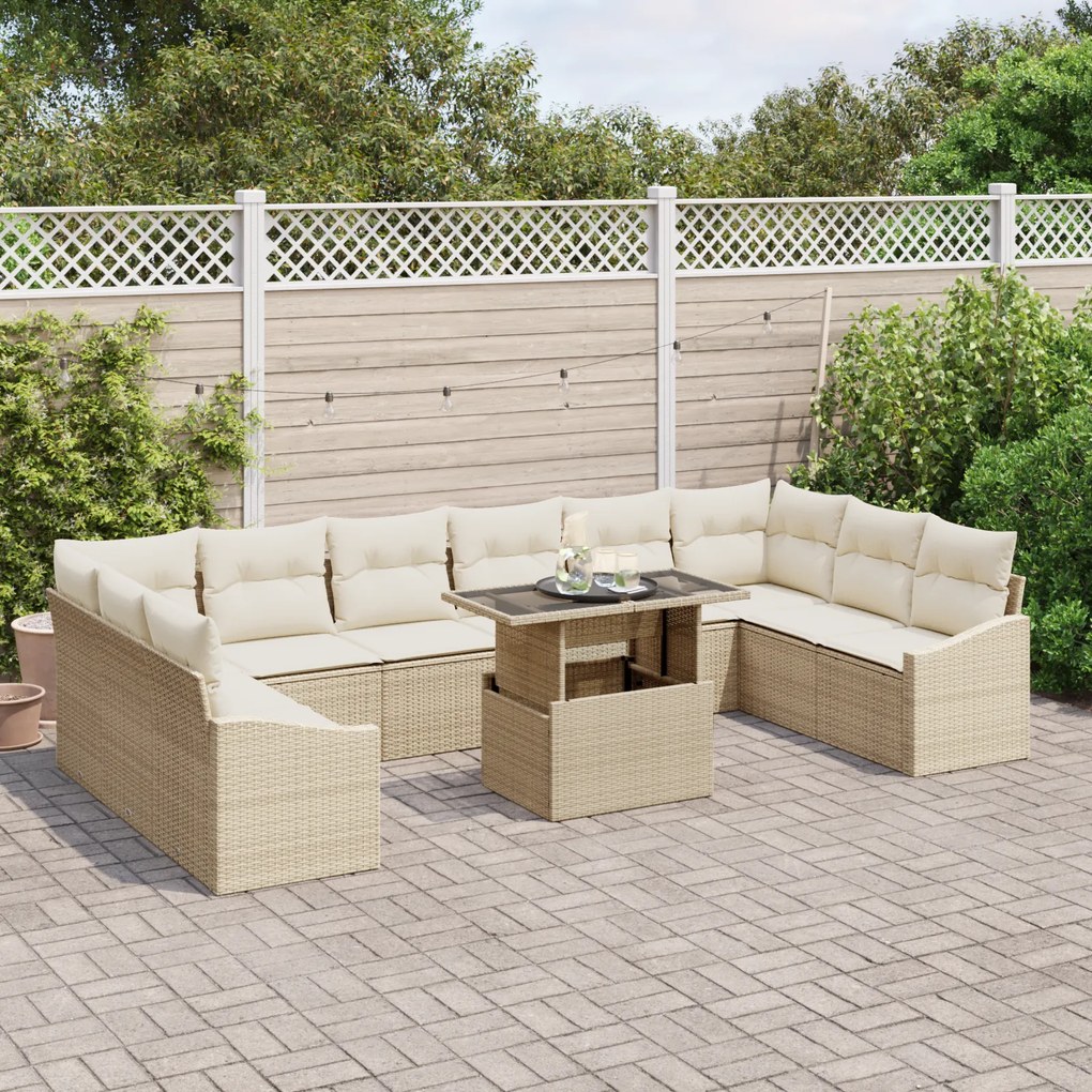Conjunto de Sofá de Jardim 11 Peças com Almofadas Bege em Rattan Sinté