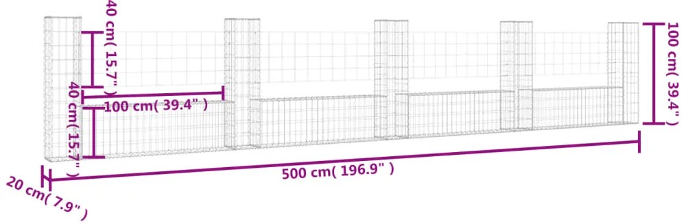 Cesto gabião em forma de U c/ 5 postes 500x20x100 cm ferro