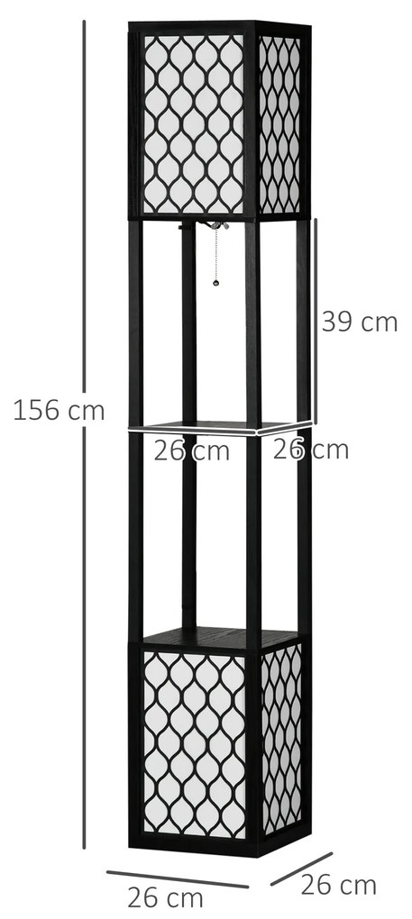 Candeeiro de Pé de Madeira Candeeiro de Pé com Estantes Lâmpada E27 Máx. 40W com Interruptor para Sala de Estar Dormitório Escritório 26x26x156cm Pret