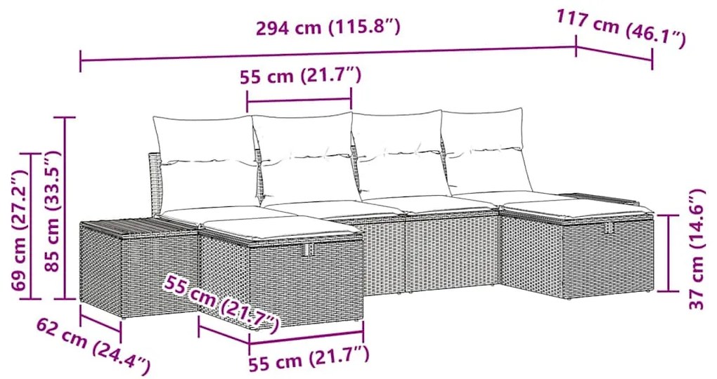 Conjunto de sofá de jardim 6 peças com almofadas bege de polirattan.