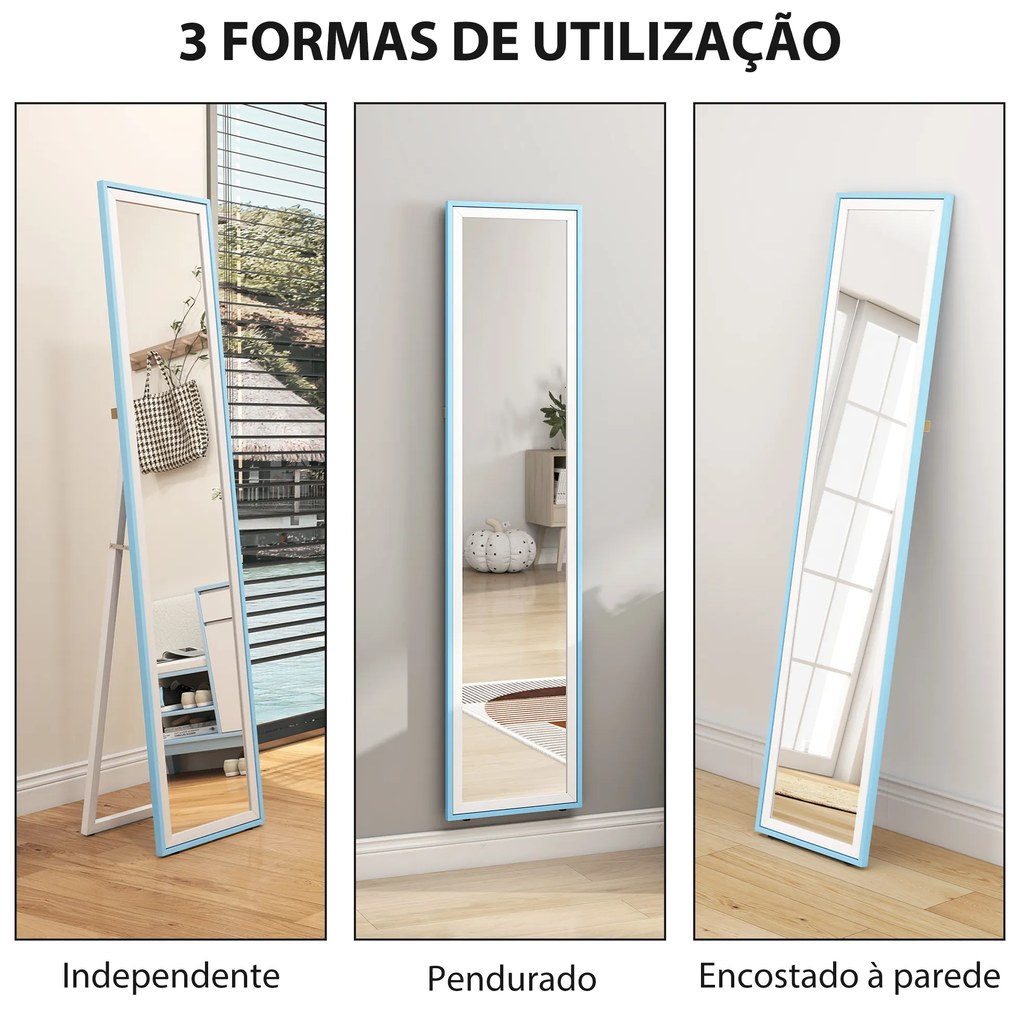Espelho de Pé 157x37 cm com Moldura em MDF Espelho de Parede Retangular com 2 Formas de Utilização Branco e Azul