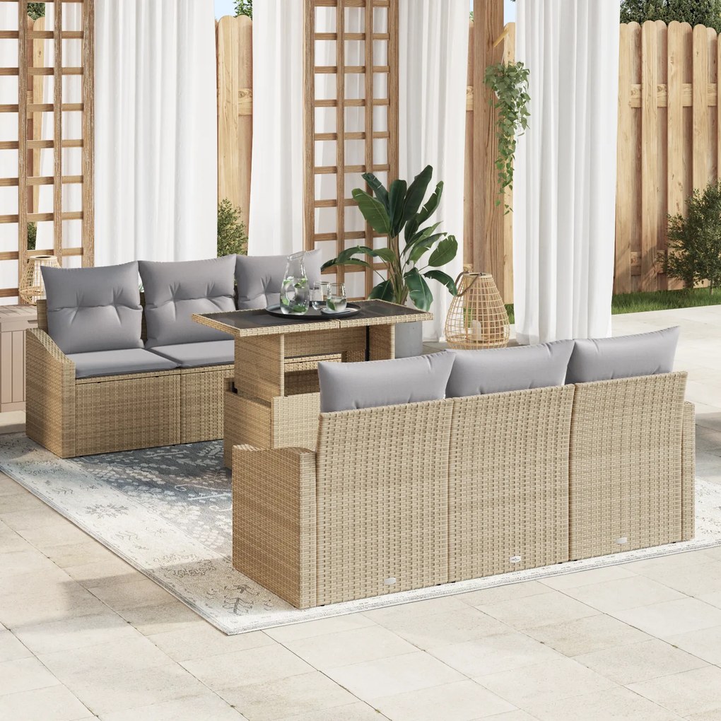 Conjunto de Sofá de Jardim de 7 Peças com Almofadas Bege em Rattan