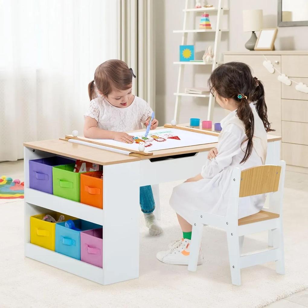 Conjunto de mesa elevatória e 2 cadeiras de arte para crianças Secretária de brincar 2 em 1 com rolos de papel Copos de pintura 6 recipientes Naturald