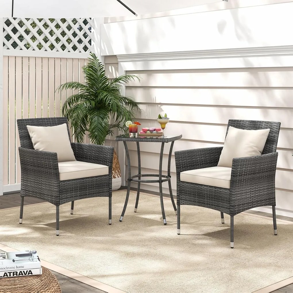 Conjunto de jardim de 3 peças de rattan PE com almofadas e mesa em vidro temperado para varanda, jardim, relvado, pátio cinzento e Bege