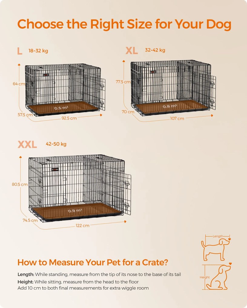 Gaiola para cães, caixa para cães com 2 portas, dobrável L (92.5 X 57.5 X 64 cm) preto