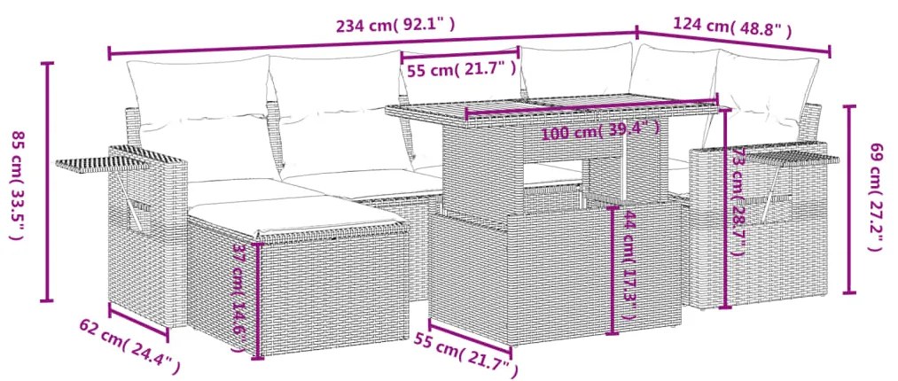 7 pcs conjunto de sofás p/ jardim c/ almofadões vime PE preto