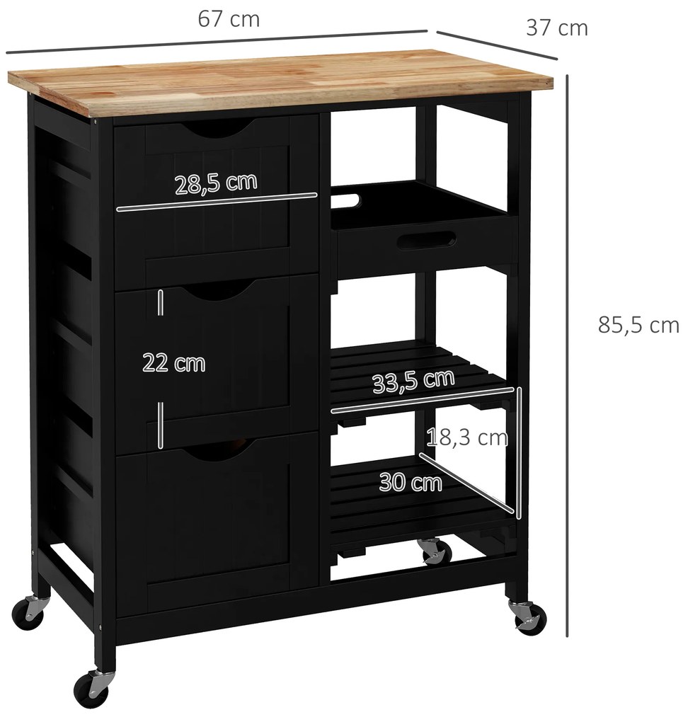 Carrinho de Cozinha com Rodas com 3 Gavetas 2 Prateleiras Abertas e Bandeja 67x37x85,5 cm Preto