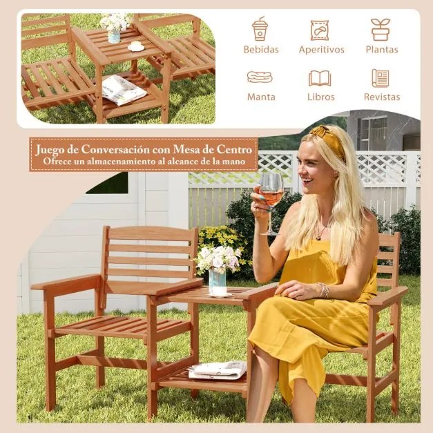 Sofá de jardim de 2 lugares com mesa de café em madeira com orifício para guarda-sol para jardim, piscina, varanda, terraço Castanho