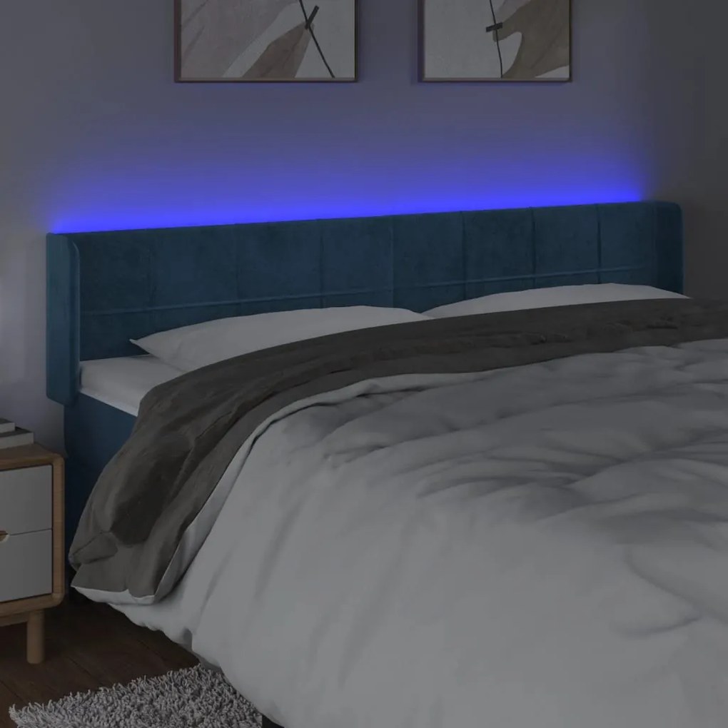 Cabeceira cama c/ luzes LED veludo 183x16x78/88 cm azul-escuro